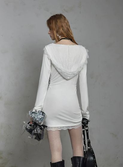 Dark Academia White Long Sleeve Bodycon Dress With Lace Neckline And Detachable Hood R9315