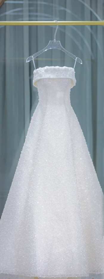 White suspender sequined waist slim A-line long dress bridal dress R5777