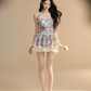 Blue suspenders pink flowers waist A-line mini skirt homecoming dress R5260