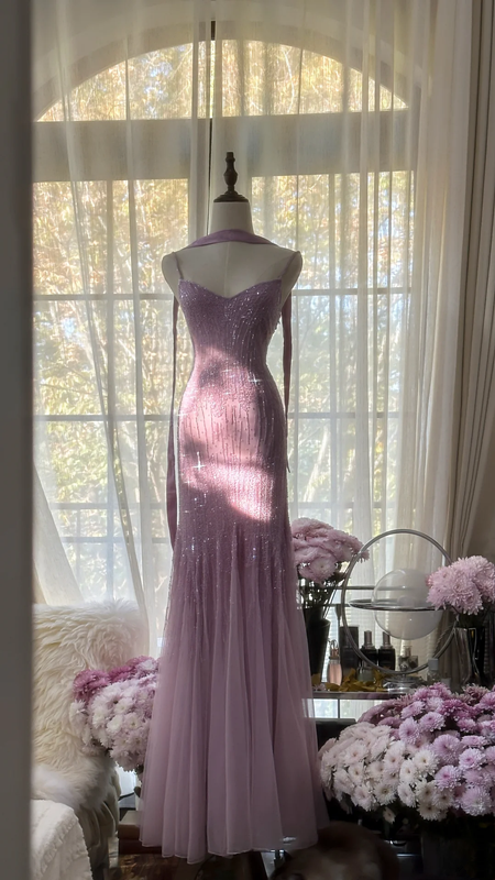 Light purple halter-neck fitted bodycon long ball gown R7725