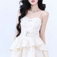 White Jacquard Floral Cami Dress Women With Corset Waist And Layered Skirt R9433