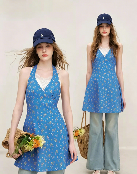 V-Neck Sleeveless Floral Print Summer Dress with Tie Back R9237