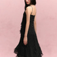 Black Polka Dot Slip Dress with Sweetheart Neck, Ruffled Trim, Asymmetric Hem R9255