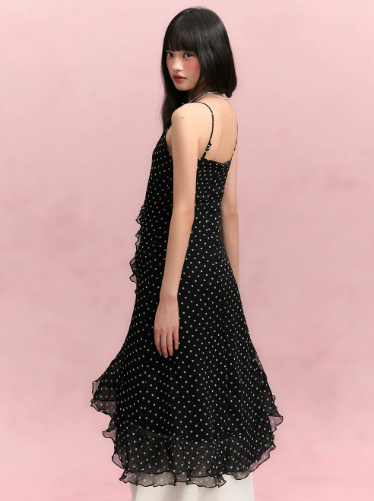 Black Polka Dot Slip Dress with Sweetheart Neck, Ruffled Trim, Asymmetric Hem R9255