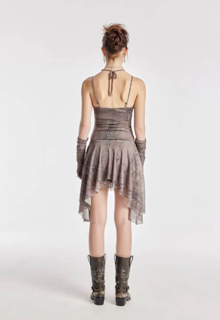 Khaki Halter Mesh Dress Women With Asymmetrical Hem And Matching Arm Sleeves R9388