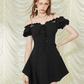 Edgy Black Mini Dress With Off-Shoulder Design, Lace-Up Front And Asymmetric Flounce Hem R9305