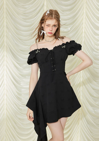 Edgy Black Mini Dress With Off-Shoulder Design, Lace-Up Front And Asymmetric Flounce Hem R9305