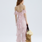 Pink Chiffon Off-Shoulder Maxi Dress Women With Ruffled Tiered Skirt R9462