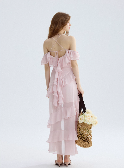 Pink Chiffon Off-Shoulder Maxi Dress Women With Ruffled Tiered Skirt R9462