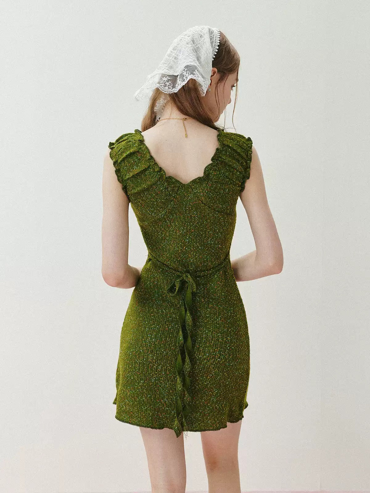 Olive Green Textured Knit Dress with Off-Shoulder Neckline & Tassel Belt R9178