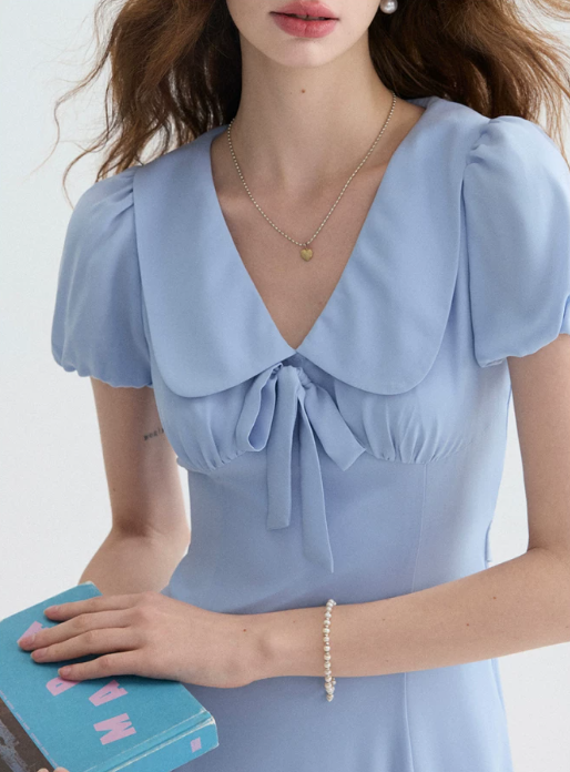 Light Blue Peter Pan Collar Mini Dress Women With Puff Sleeves And Bow Detail R9486