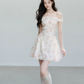 Floral Print Off The Shoulder Mini Dress Women With Lace Trim And Bow Detail R9410
