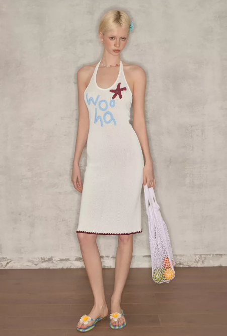 Fairycore White Knitted Halter Dress With "Woo Ha" Embroidery And Bodycon Fit R9280