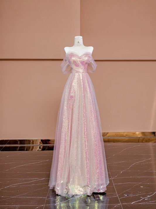 Light pink off-the-shoulder sequined fitted long ball gown, bridal dress R8425