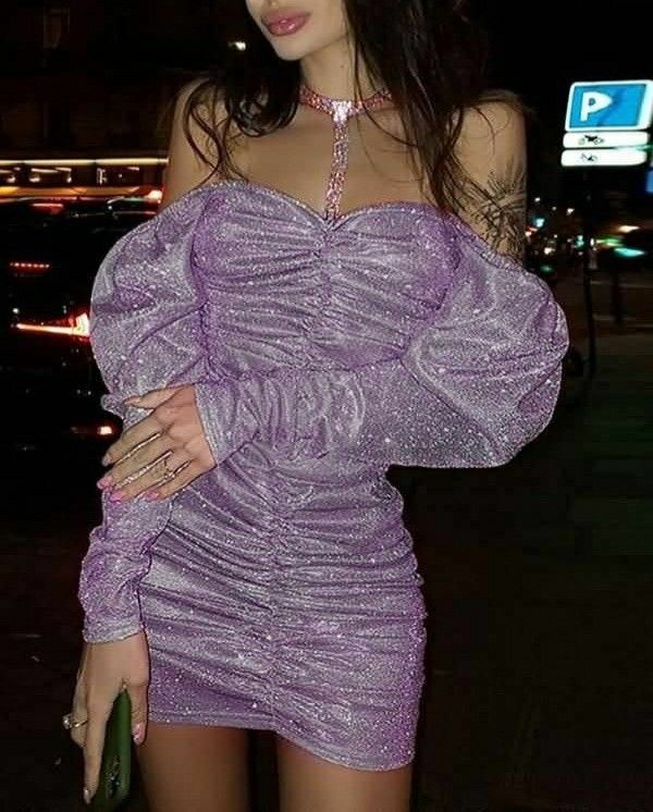 Purple sequined off-shoulder pleated waist hip skirt homecoming dress R5499