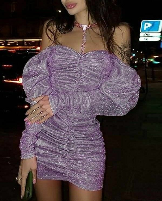 Purple sequined off-shoulder pleated waist hip skirt homecoming dress R5499