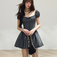 Grey French-Style Puff Sleeve Mini Dress, Square Neck High Waist A-Line Sundress R9378