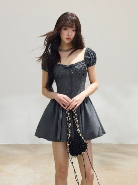 Grey French-Style Puff Sleeve Mini Dress, Square Neck High Waist A-Line Sundress R9378