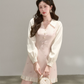 Vintage Pink Tweed A-Line Dress, Women's Long Sleeve Floral Embroidered Mini Dress R9329