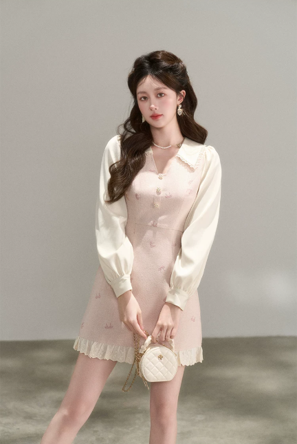 Vintage Pink Tweed A-Line Dress, Women's Long Sleeve Floral Embroidered Mini Dress R9329