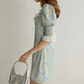 Blue Floral Print Mini Dress Women With Lace Trim Neckline And Puff Sleeves R9479