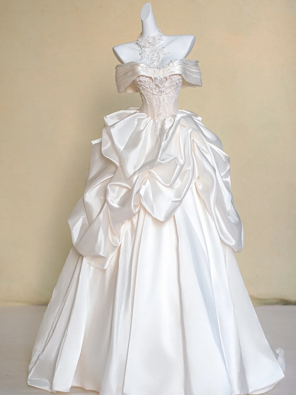 Pink off-the-shoulder wedding dress with white satin skirt R5737