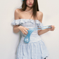 Blue Gingham Off-Shoulder Mini Dress with Ruffled Neckline, Smocked Back, Bubble Hem R9253