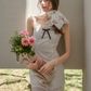 Preppy White Eyelet Lace Dress with Spaghetti Straps and Bow Detail R9266