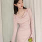 Dusty Pink Cowl Neck Long Sleeve Dress with Shoulder Ties R9174