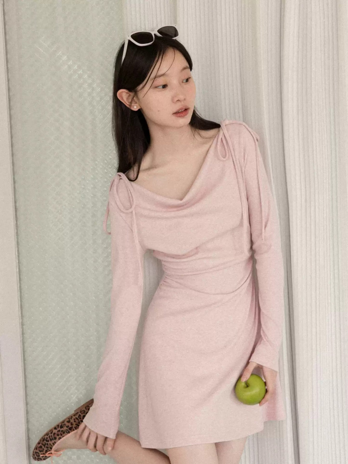 Dusty Pink Cowl Neck Long Sleeve Dress with Shoulder Ties R9174