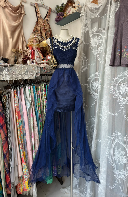 Blue sleeveless lace slim waist irregular skirt short ball gown R6211