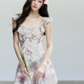 Pink And Purple Floral Print Chiffon Cami Dress Women With Lace Ruffle Trim R9423