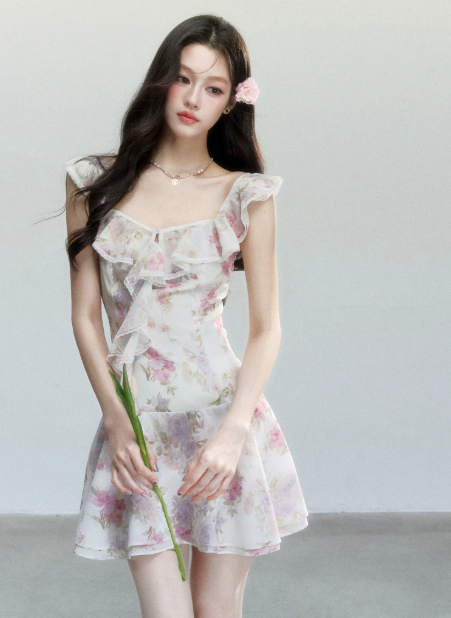 Pink And Purple Floral Print Chiffon Cami Dress Women With Lace Ruffle Trim R9423