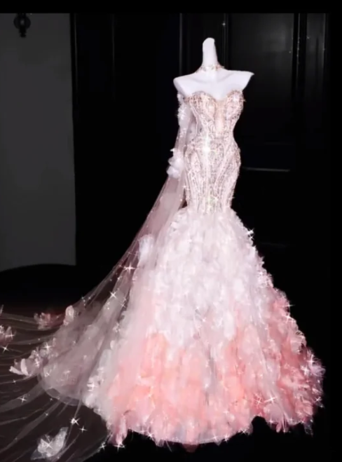 Pink Rhinestone-Embellished Fitted-Waist Slim-Fit Hip-Hugging Mermaid-Length Prom Dress R6490