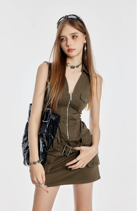 Army Green Sleeveless Cargo Mini Dress Women With Zipper Front And Belt Detail R9386