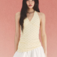 Butter Yellow Polka Dot Halter Top and White Mini Skirt Set with Ruched Waist, V-Neck and Bubble Hem R9249