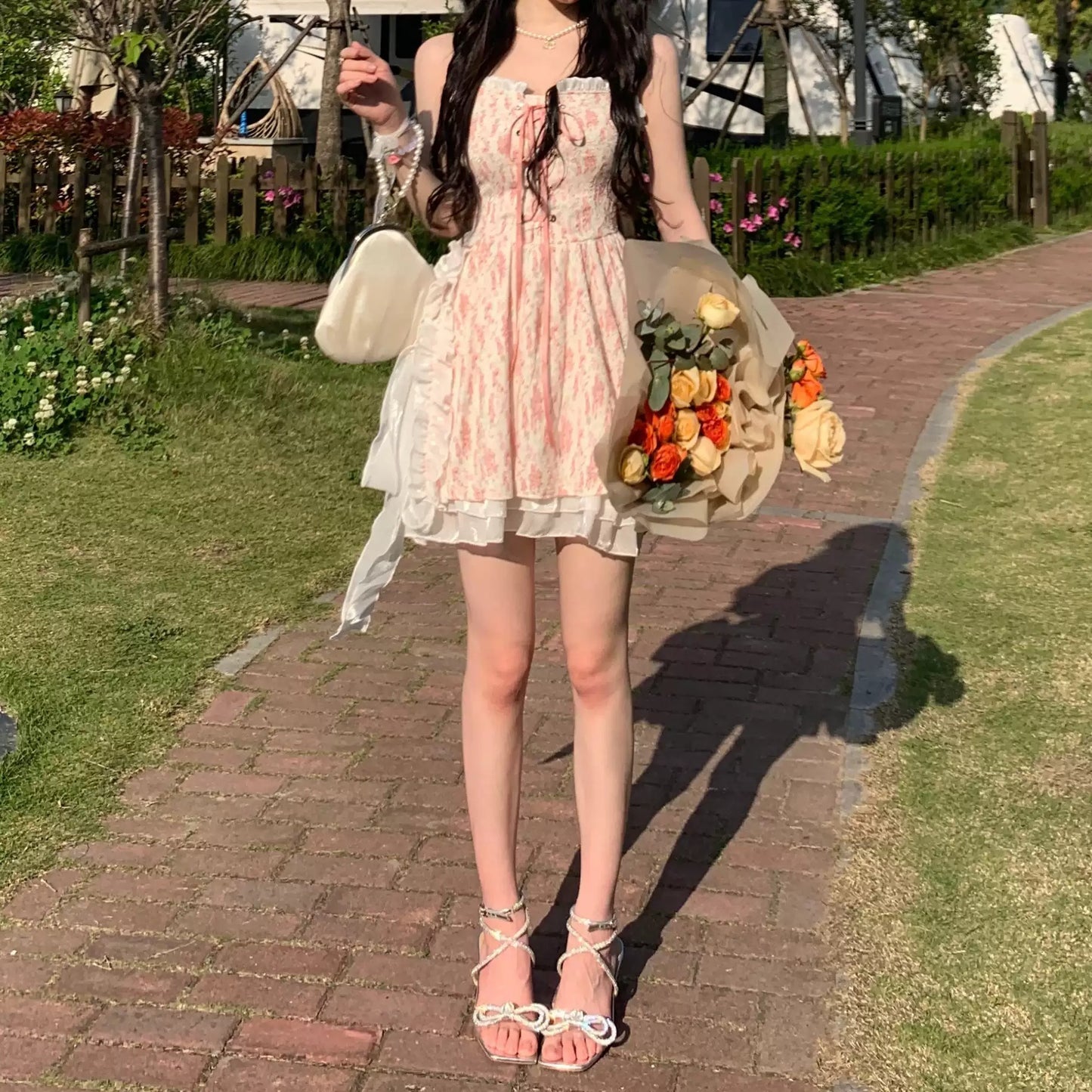 Romantic Floral Corset Cami Dress with Ruffled Skirt R9161
