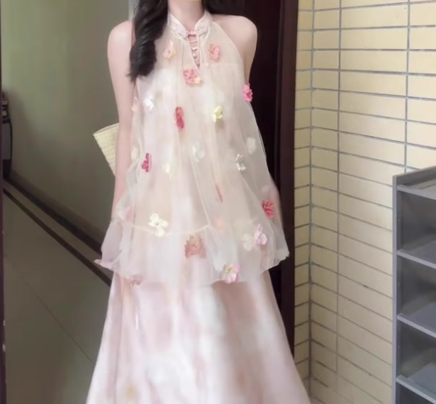 Pink buttoned mesh halter neck dress gentle temperament loose A-line long skirt R0751