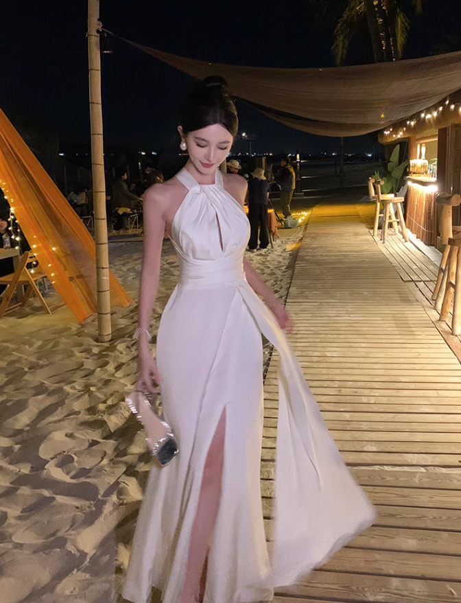 French halter neck slit satin dress backless sexy dress banquet temperament long dress R1617