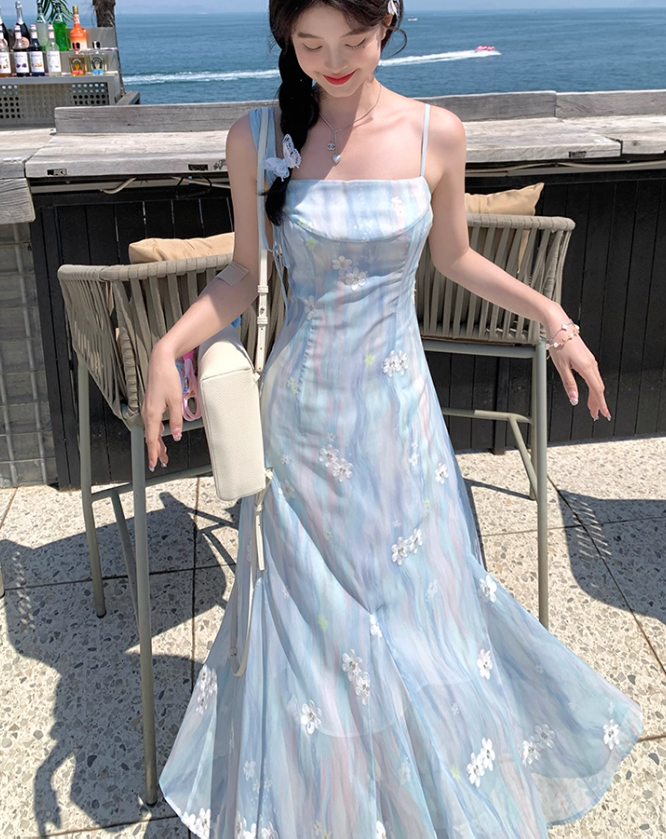 Blue gradient long floral one-shoulder waist suspender dress summer temperament skirt R4904