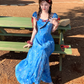 Blue tie-dye printed embroidered suspender dress summer French temperament skirt R4781