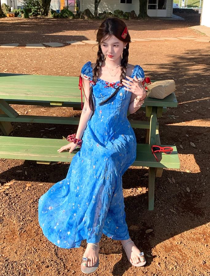 Blue tie-dye printed embroidered suspender dress summer French temperament skirt R4781