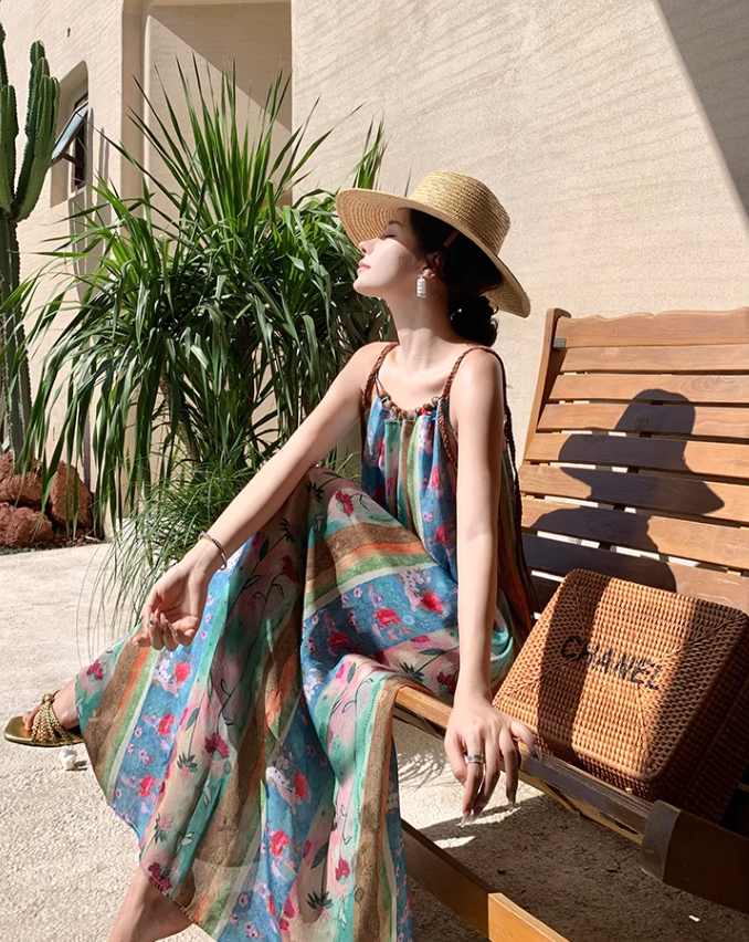 Travel wear beach dress retro travel seaside vacation floral suspender dress R1585