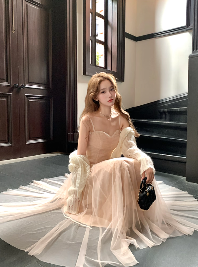 Pink waist temperament mesh embroidery suspender dress women's summer French skirt R4748