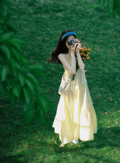 Yellow suspender dress for vacation and seaside travel R1514
