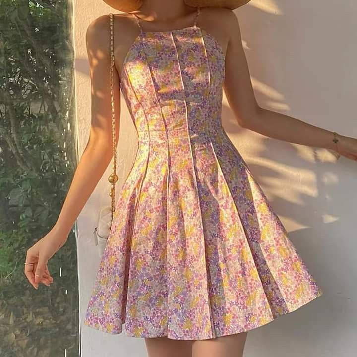 Pink and purple floral suspenders waist slimming A-line short skirt homecoming dress R3291