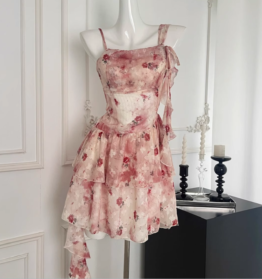 New arrival Huaqi wild rose holiday fairy irregular red floral dress R1993
