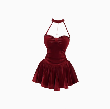 French sexy pure desire halter neck short top sweet spicy velvet holiday skirt suit R1300