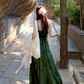 Dark green jacquard dress retro Chinese style suspender long skirt plus cardigan two-piece set R1736
