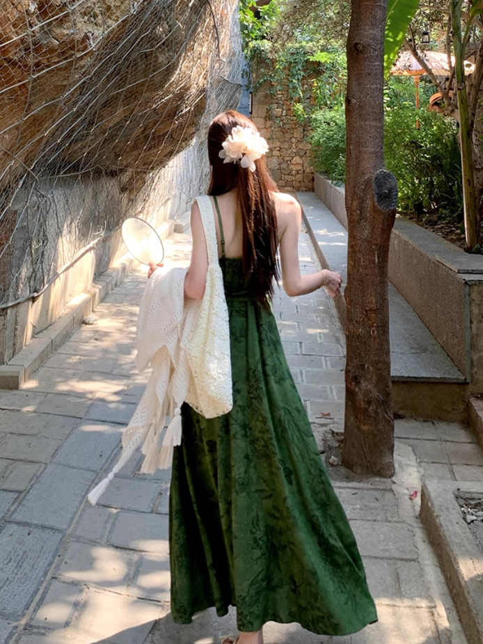 Dark green jacquard dress retro Chinese style suspender long skirt plus cardigan two-piece set R1736